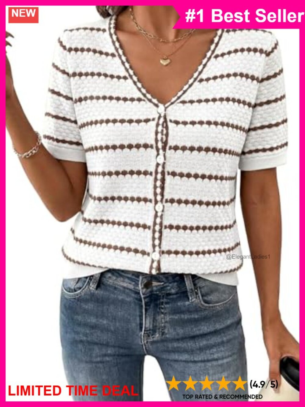 Dokotoo Women's Crochet Knit Button Down Cardigan Short Sleeve V Neck